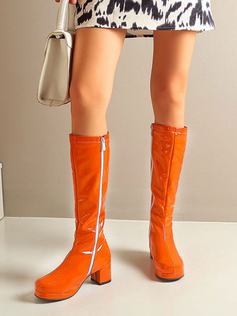 Bottes Lolita Pour Femmes Cuir Bout Rond Chaussures Brillant - Orange Rouge