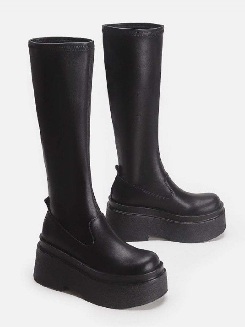 Bottes Mi-claf Noires Pour Femmes Plates À Bout Rond - Noir