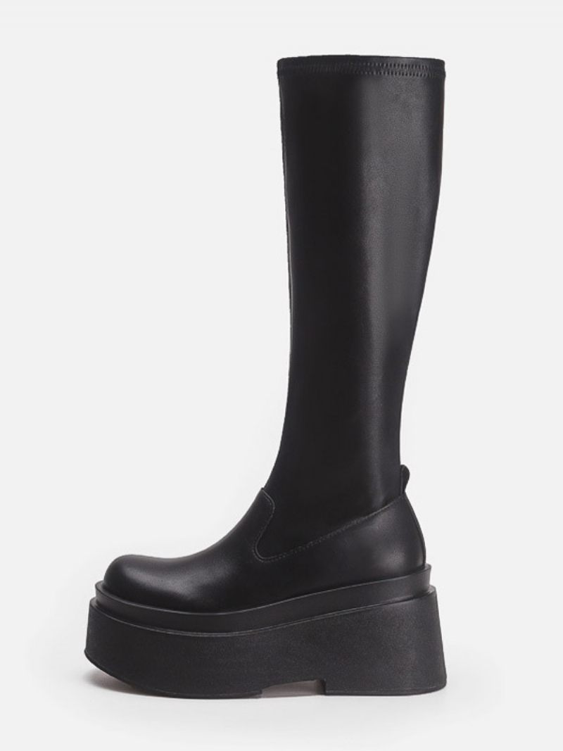 Bottes Mi-claf Noires Pour Femmes Plates À Bout Rond - Noir