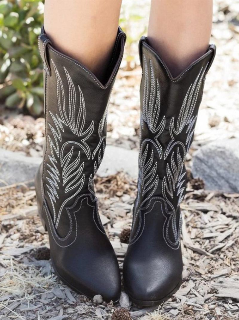 Bottes Mi-mollet À Bout Pointu Et Talon Épais Cuir Pu Pour Femmes