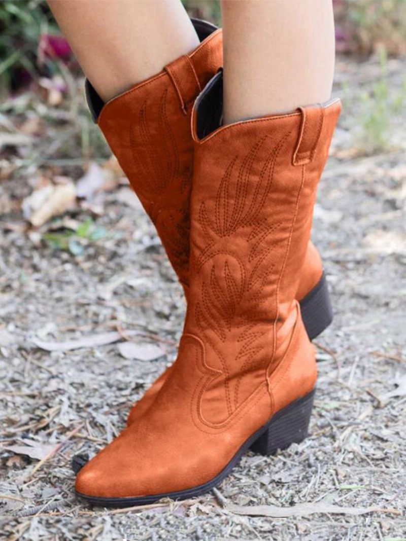 Bottes Mi-mollet À Bout Pointu Et Talon Épais Cuir Pu Pour Femmes - Marron Café