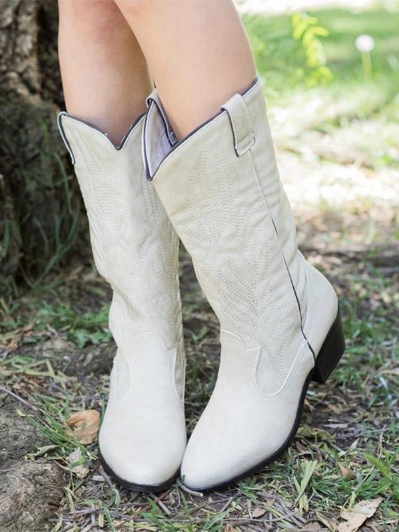 Bottes Mi-mollet À Bout Pointu Et Talon Épais Cuir Pu Pour Femmes - Blanc