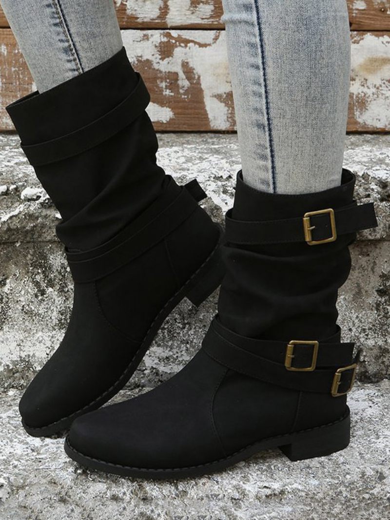 Bottes Mi-mollet À Bout Pointu Et Talon Épais Cuir Pu Pour Femmes