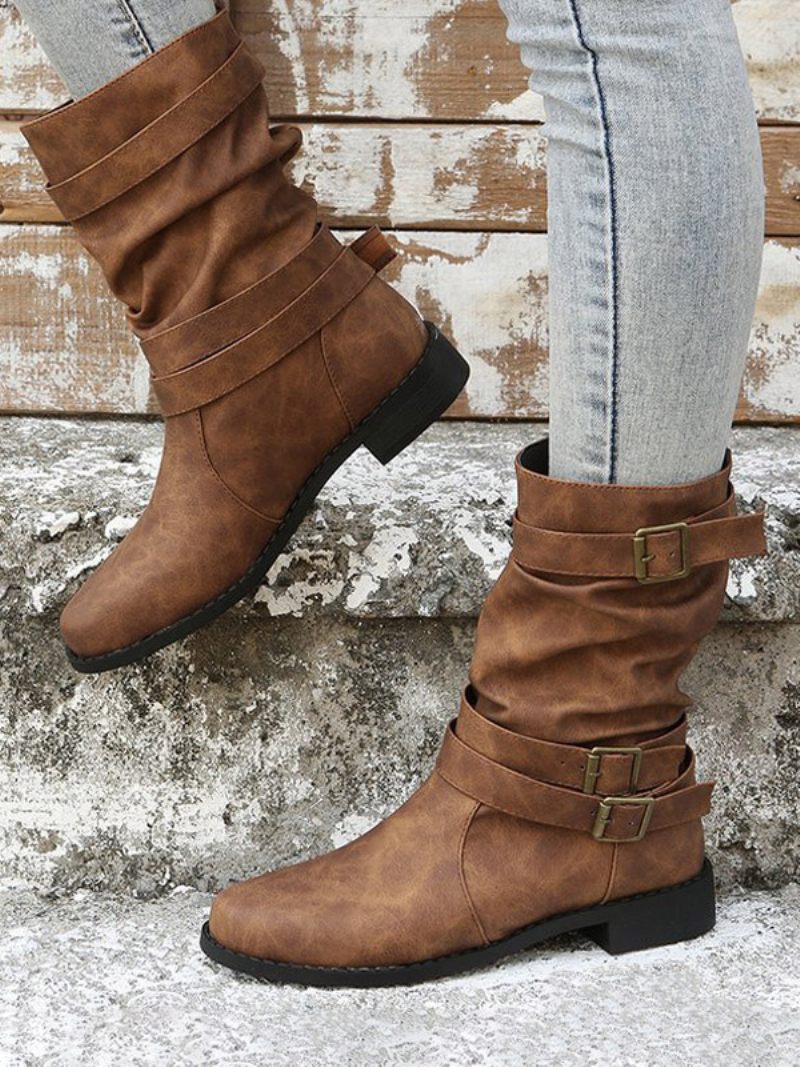 Bottes Mi-mollet À Bout Pointu Et Talon Épais Cuir Pu Pour Femmes - Marron Café