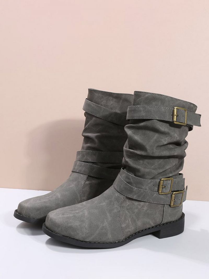 Bottes Mi-mollet À Bout Pointu Et Talon Épais Cuir Pu Pour Femmes - Gris