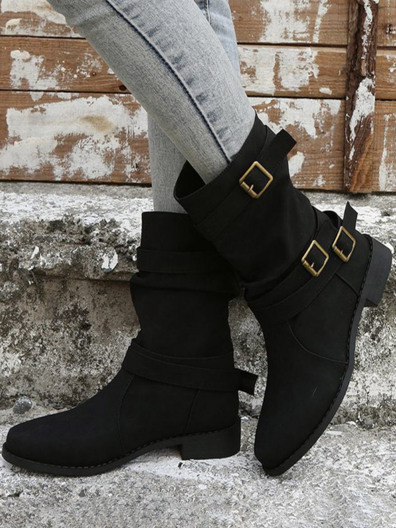 Bottes Mi-mollet À Bout Pointu Et Talon Épais Cuir Pu Pour Femmes - Noir