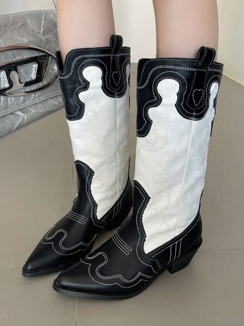 Bottes Mi-mollet À Bout Pointu Et Talon Épais Cuir Pu Pour Femmes