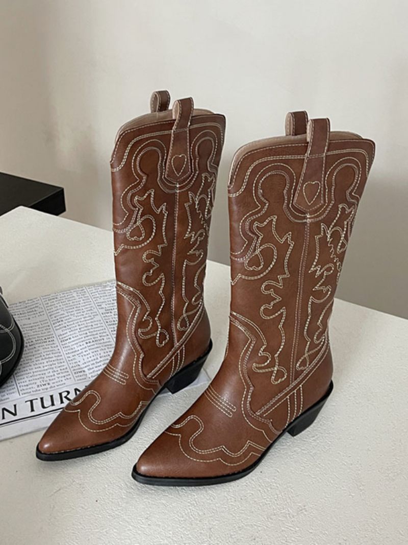 Bottes Mi-mollet À Bout Pointu Et Talon Épais Cuir Pu Pour Femmes - Marron Café