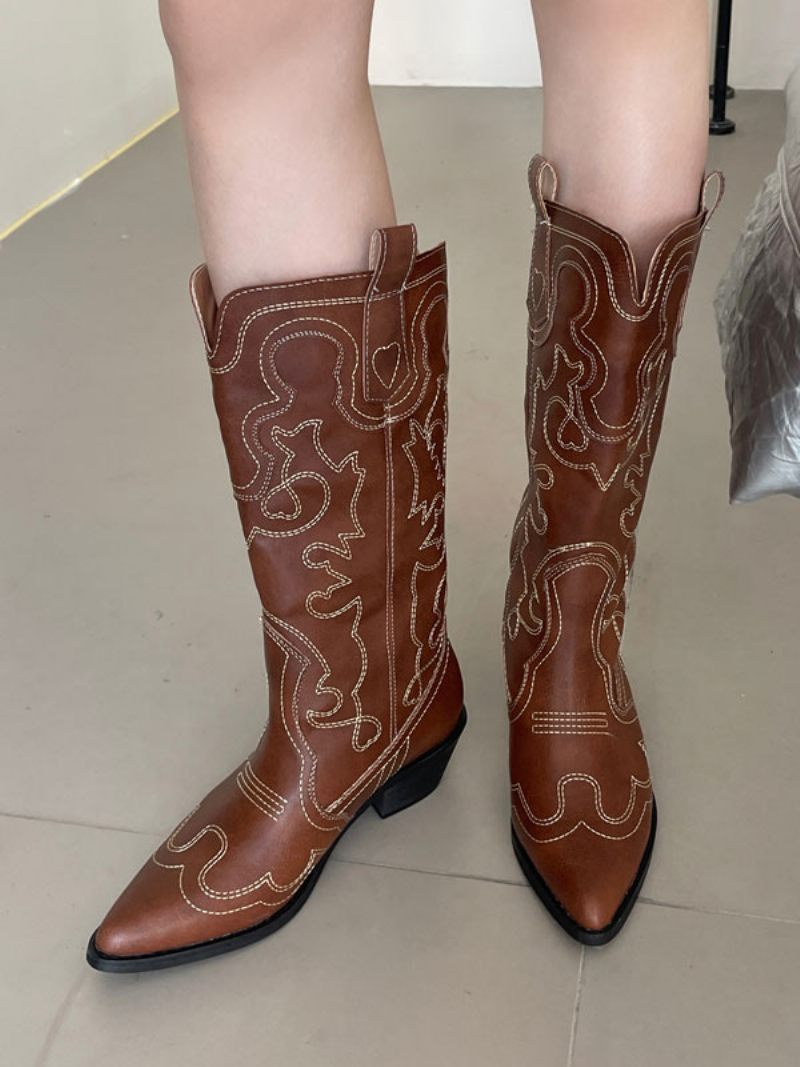 Bottes Mi-mollet À Bout Pointu Et Talon Épais Cuir Pu Pour Femmes - Marron Café