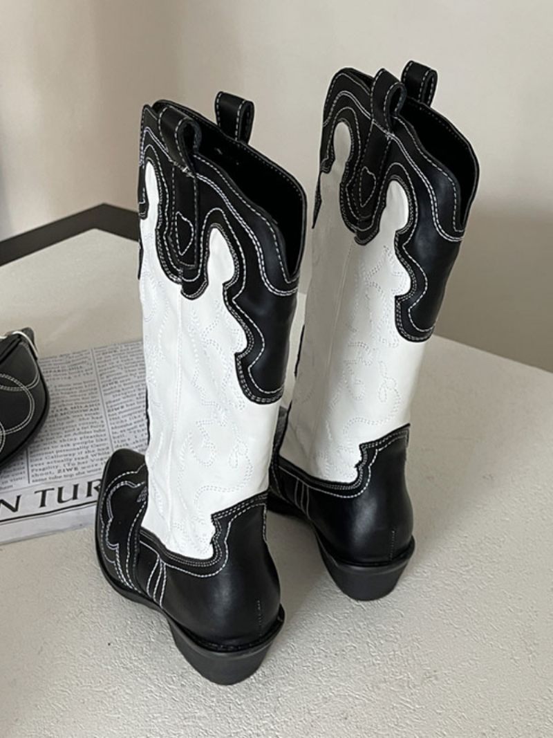 Bottes Mi-mollet À Bout Pointu Et Talon Épais Cuir Pu Pour Femmes - Noir