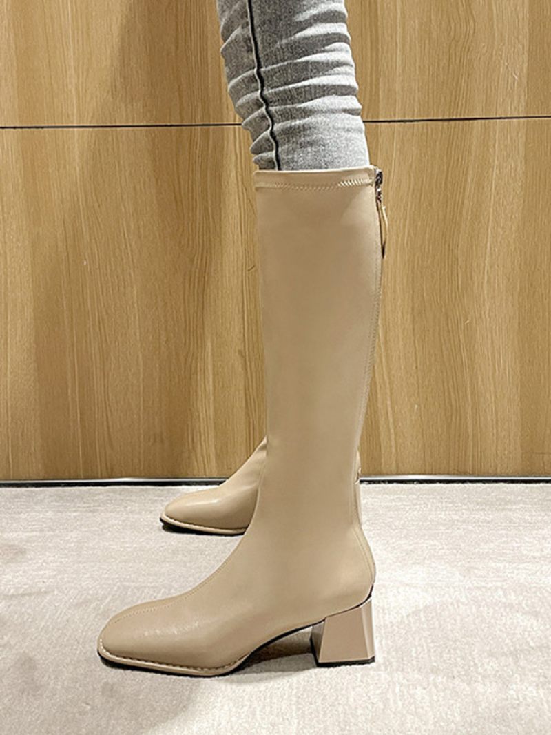 Bottes Mi-mollet À Bout Pointu Et Talon Épais Cuir Pu Pour Femmes