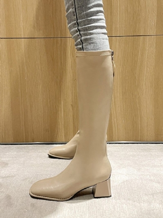 Bottes Mi-mollet À Bout Pointu Et Talon Épais Cuir Pu Pour Femmes