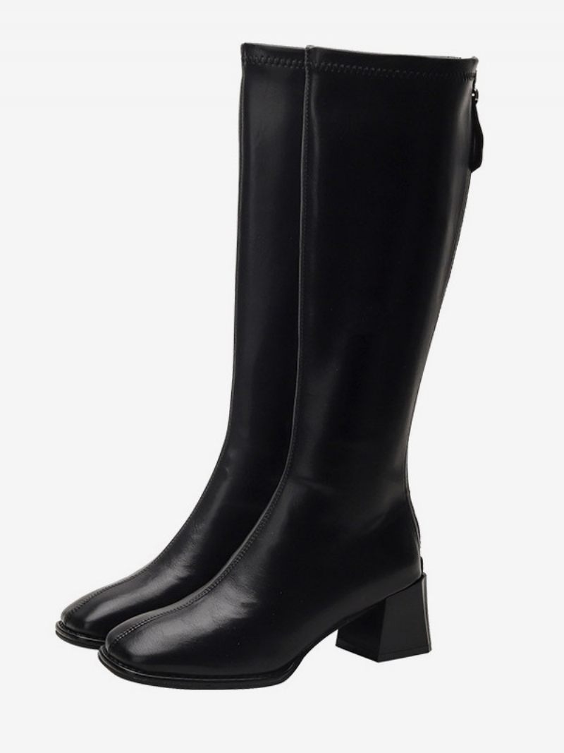 Bottes Mi-mollet À Bout Pointu Et Talon Épais Cuir Pu Pour Femmes - Noir