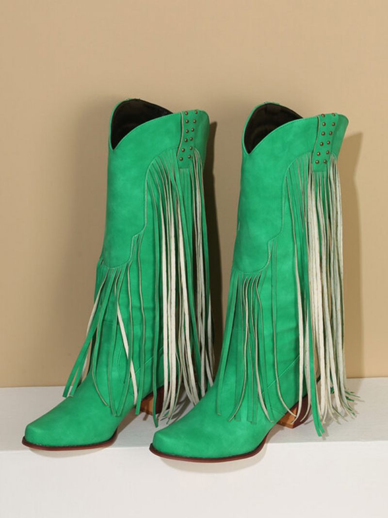 Bottes Mi-mollet Cloutées Cuir Pu Pour Femmes À Bout Pointu Et Talons Épais - Vert