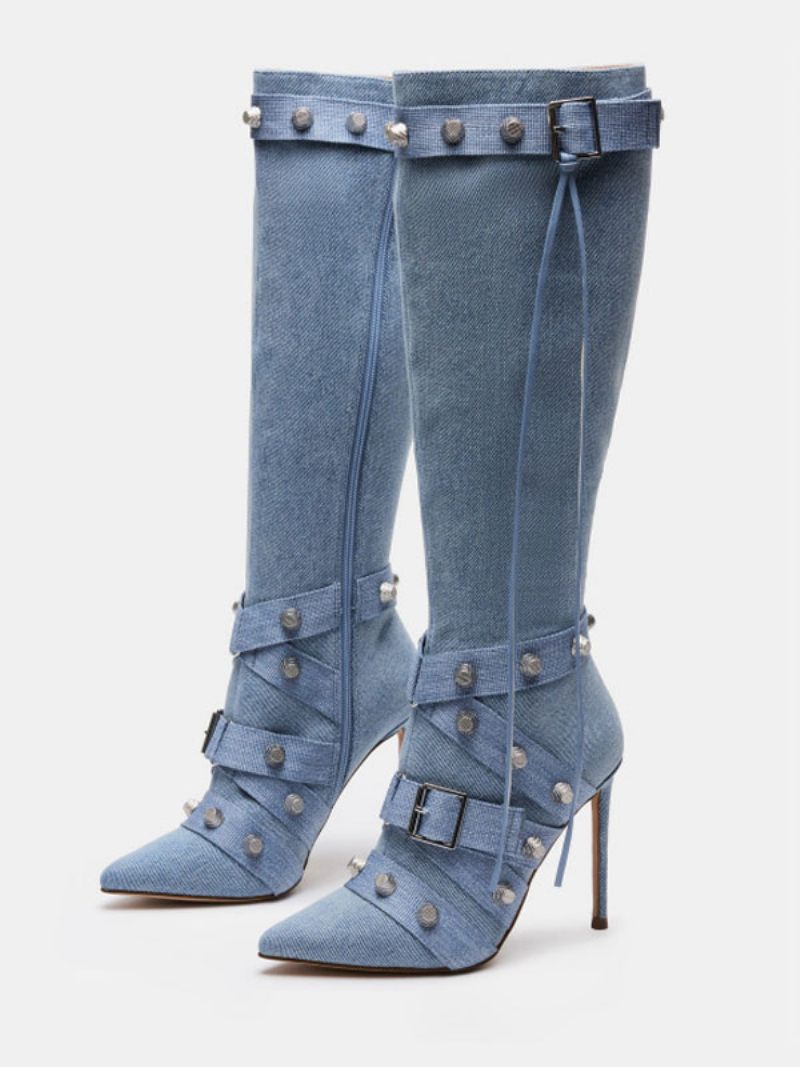 Bottes Mi-mollet Cuir Pu Avec Détails Métal Et Bout Pointu Pour Femme - Bleu Ciel Clair