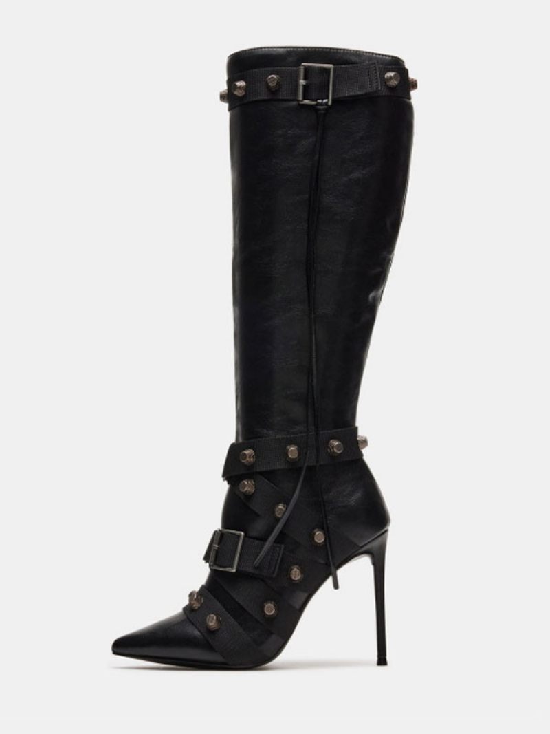 Bottes Mi-mollet Cuir Pu Avec Détails Métal Et Bout Pointu Pour Femme - Noir