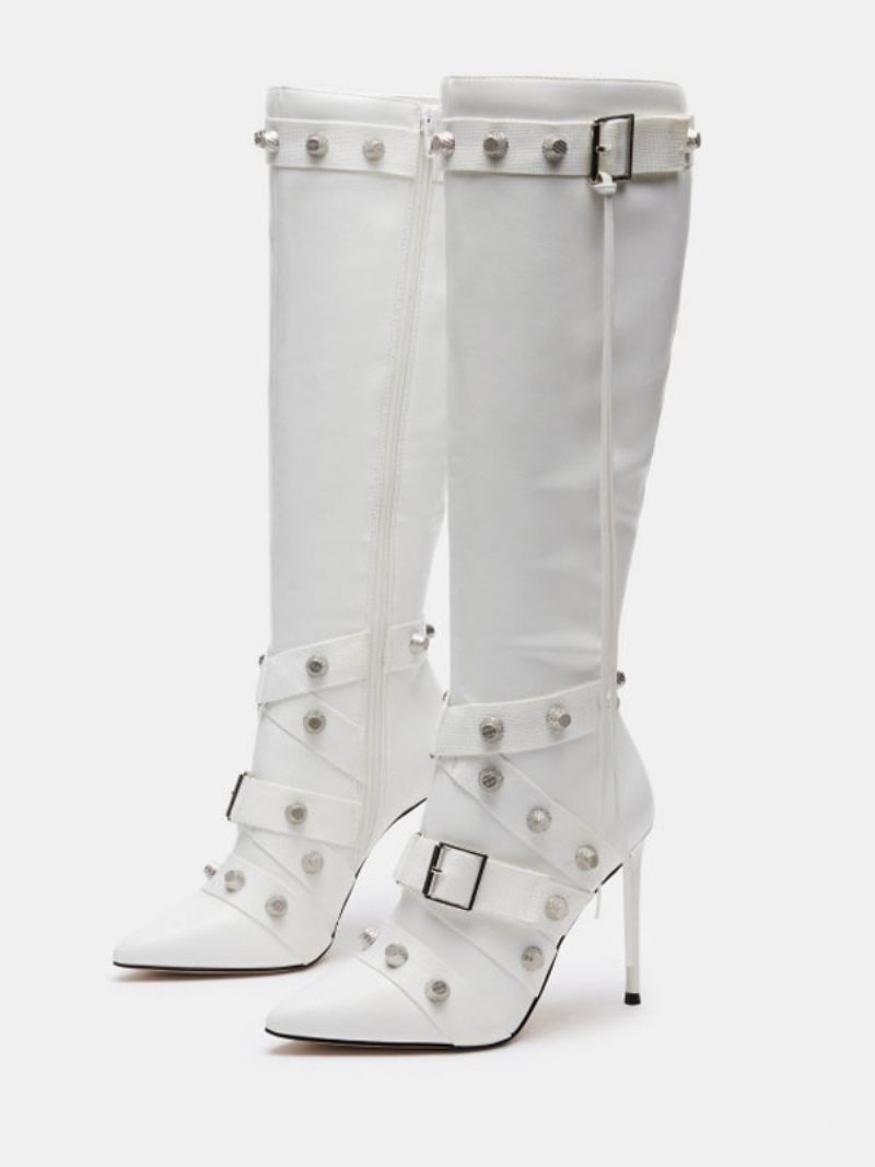 Bottes Mi-mollet Cuir Pu Avec Détails Métal Et Bout Pointu Pour Femme - Blanc