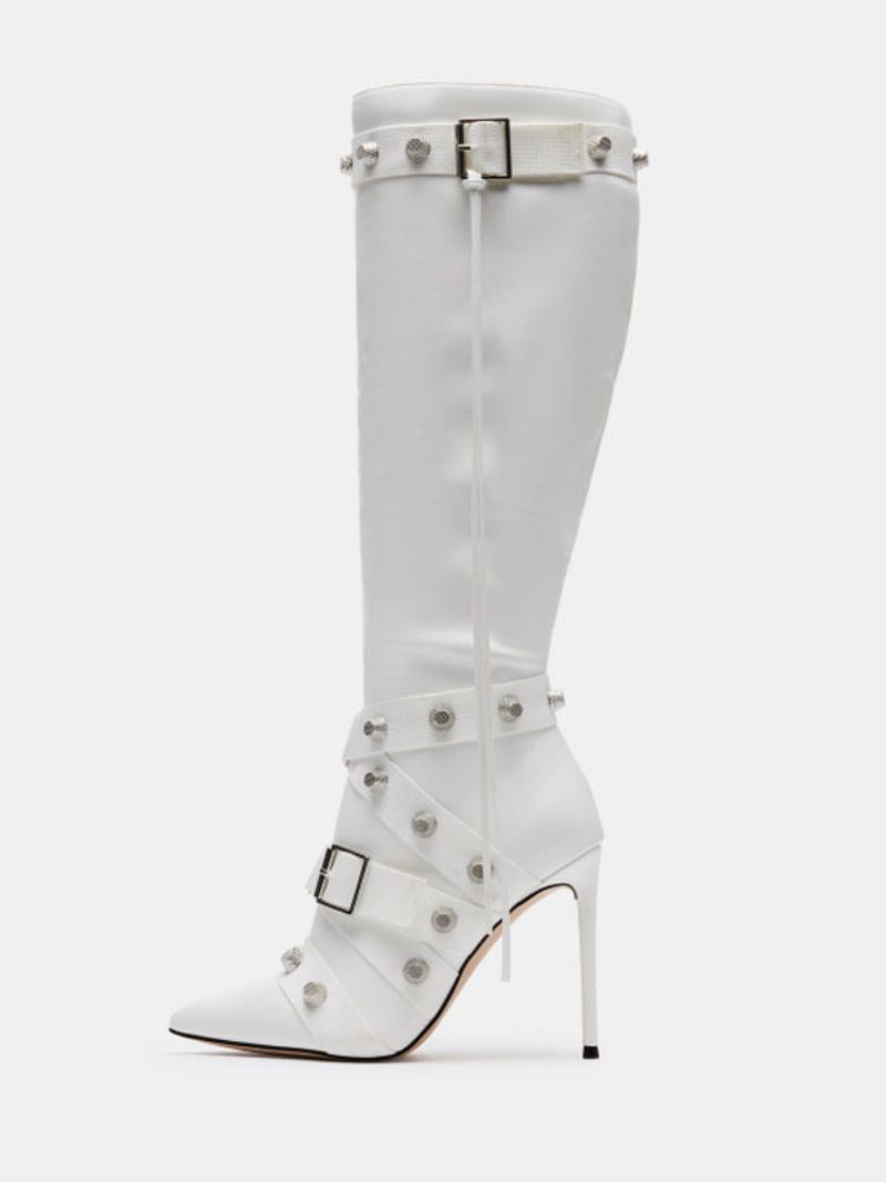 Bottes Mi-mollet Cuir Pu Avec Détails Métal Et Bout Pointu Pour Femme - Blanc