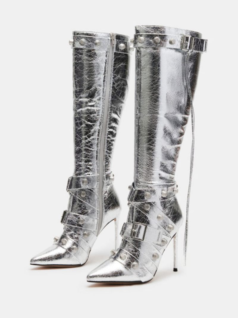 Bottes Mi-mollet Cuir Pu Avec Détails Métal Et Bout Pointu Pour Femme - Argent