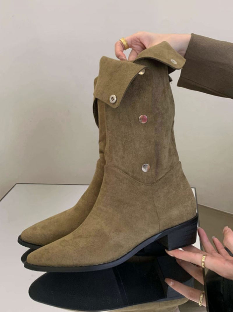 Bottes Mi-mollet Daim À Bout Pointu Et Talon Épais Pour Femmes - Vert Chasseur