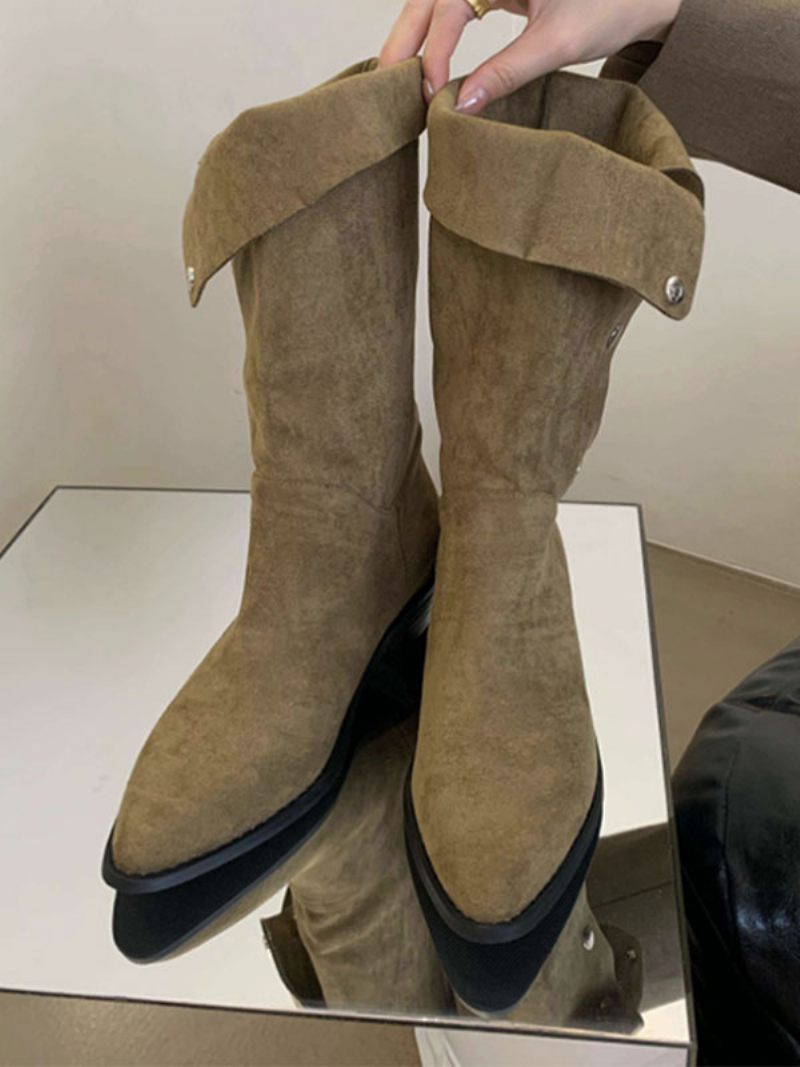 Bottes Mi-mollet Daim À Bout Pointu Et Talon Épais Pour Femmes - Vert Chasseur