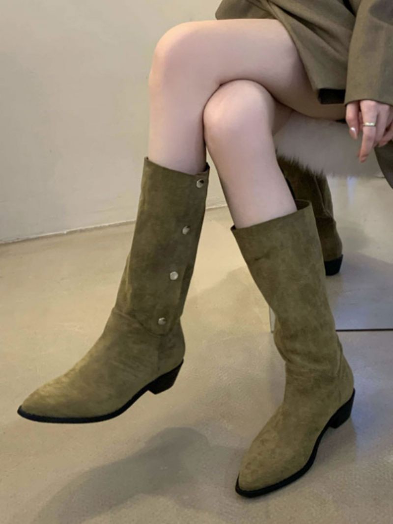 Bottes Mi-mollet Daim À Bout Pointu Et Talon Épais Pour Femmes - Vert Chasseur