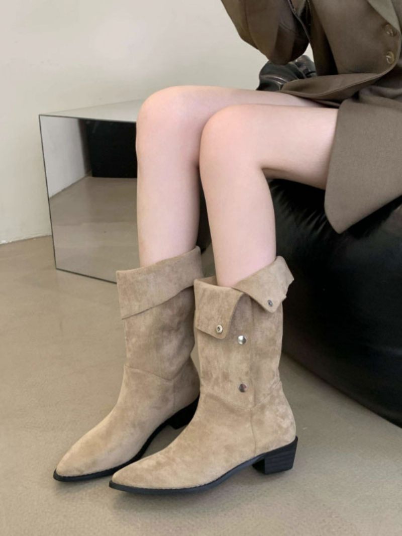 Bottes Mi-mollet Daim À Bout Pointu Et Talon Épais Pour Femmes - Kaki