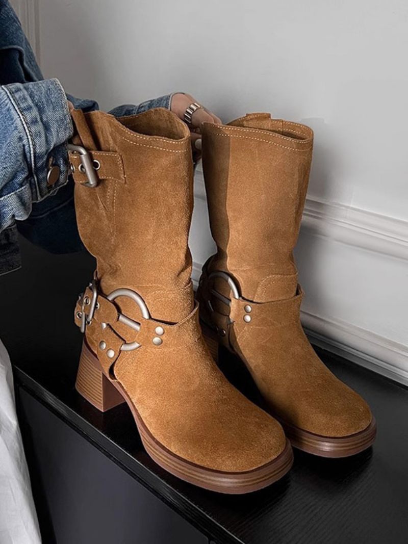 Bottes Mi-mollet Pour Femmes Avec Boucle Daim Bout Rond À Talons Épais - Brun Foncé