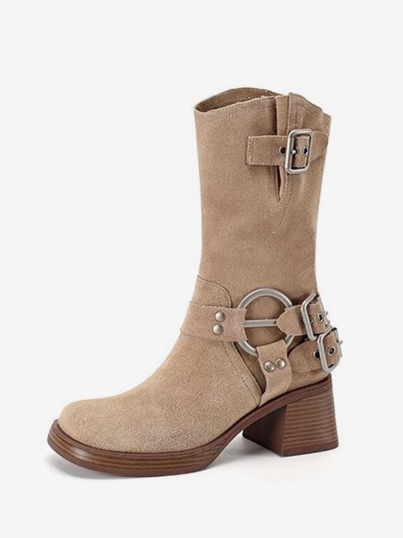 Bottes Mi-mollet Pour Femmes Avec Boucle Daim Bout Rond À Talons Épais - Camel