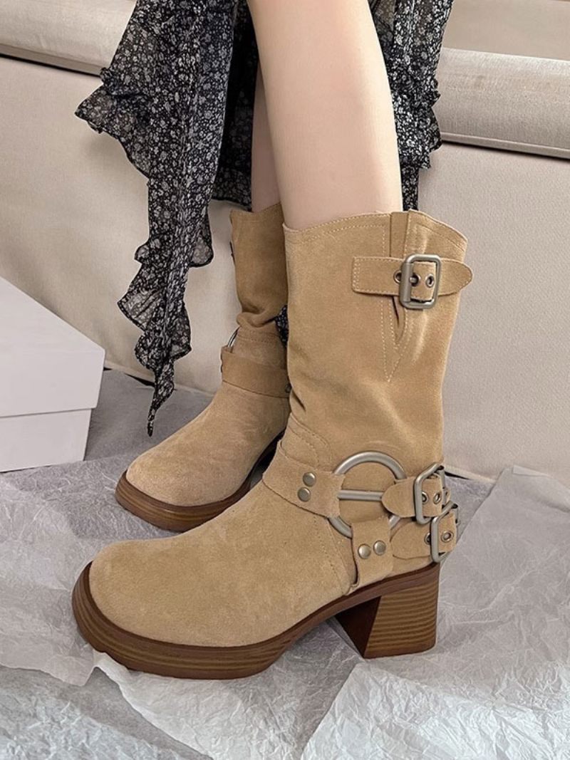 Bottes Mi-mollet Pour Femmes Avec Boucle Daim Bout Rond À Talons Épais - Camel