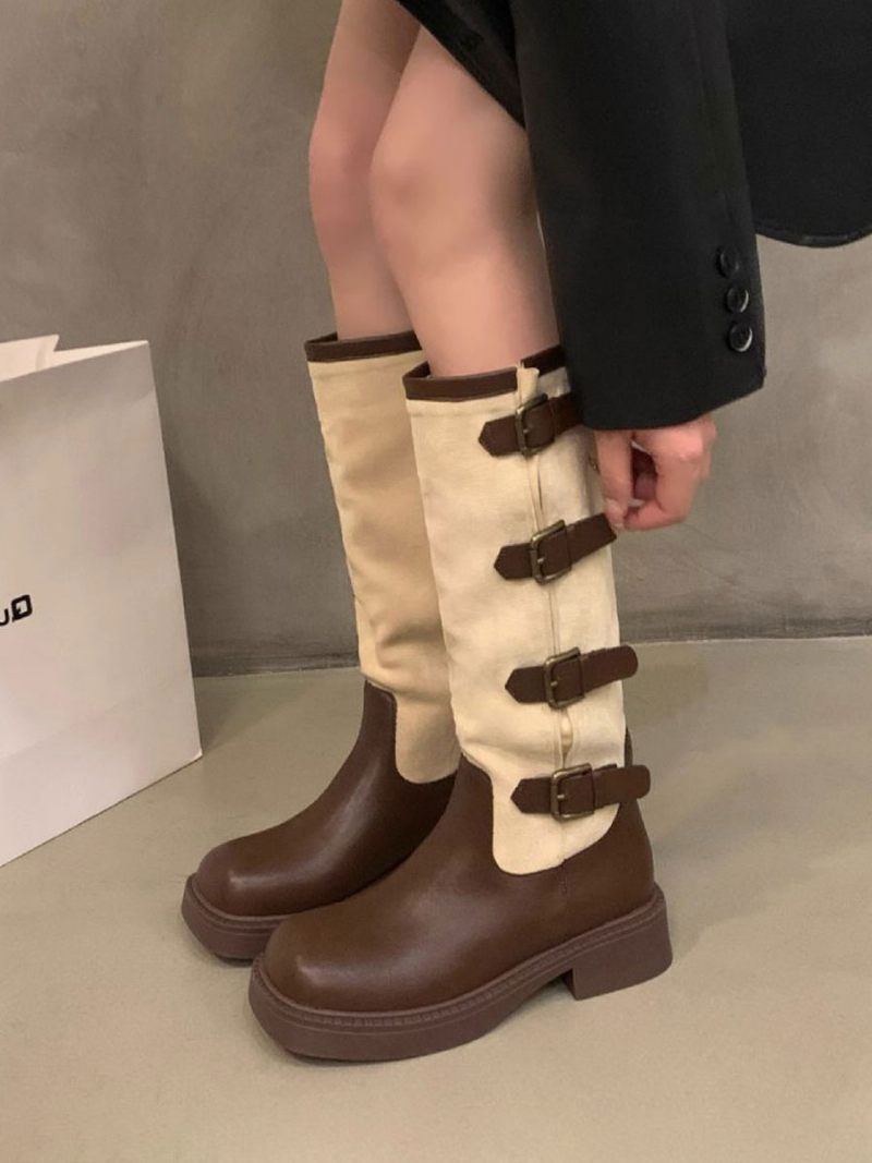 Bottes Mi-mollet Pour Femmes Avec Boucle Daim D'équitation À Bout Rond - Brun Foncé