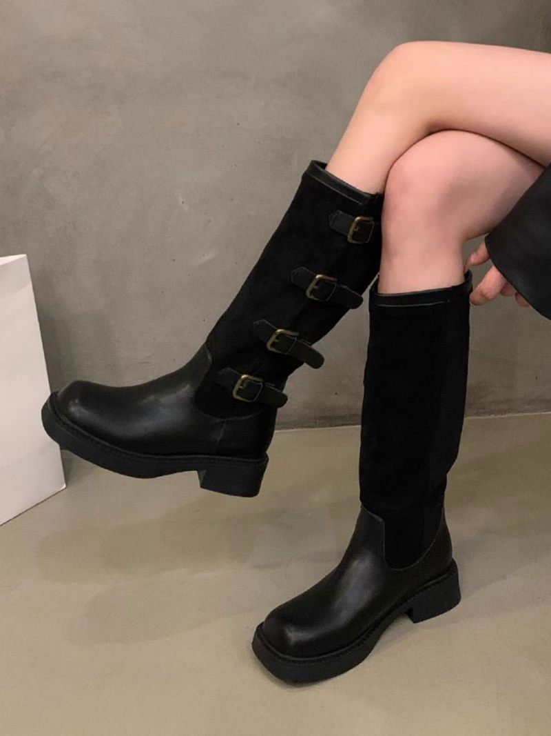 Bottes Mi-mollet Pour Femmes Avec Boucle Daim D'équitation À Bout Rond - Noir