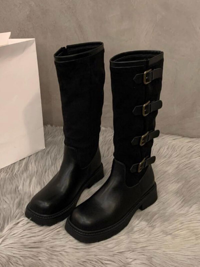 Bottes Mi-mollet Pour Femmes Avec Boucle Daim D'équitation À Bout Rond - Noir