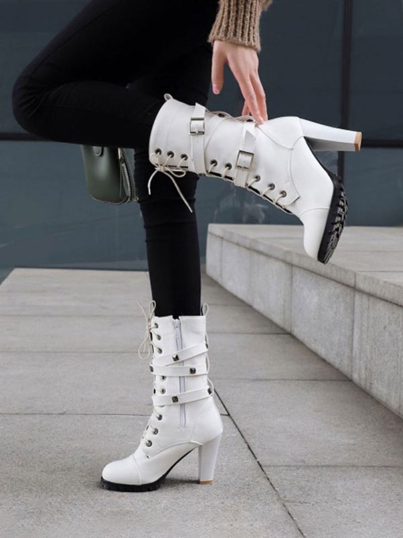 Bottes Mi-mollet Pour Femmes Avec Fermeture Éclair Cuir Pu Bout Rond À Talons Épais - Blanc