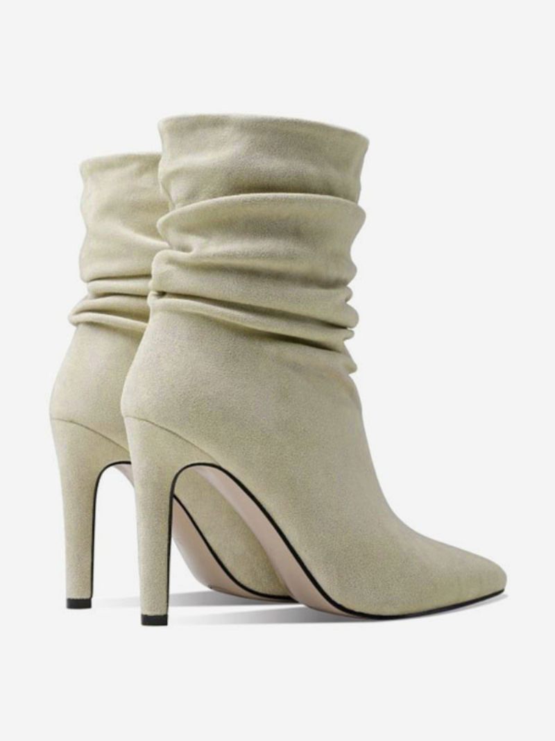 Bottes Mi-mollet Pour Femmes Bottines À Talons Aiguilles Et Bout Pointu Micro-daim Blanc Écru - Beige