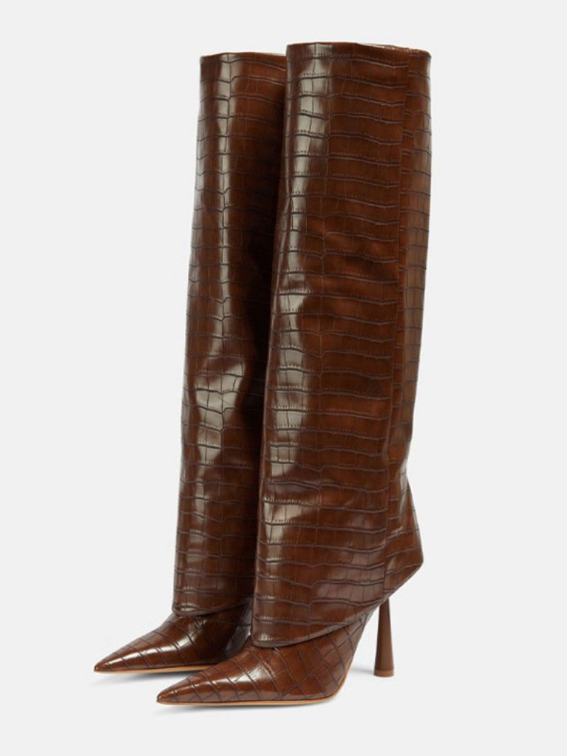 Bottes Mi-mollet Pour Femmes Bout Pointu Talon Haut Aiguille Pliable Larges Mollets - Marron Café