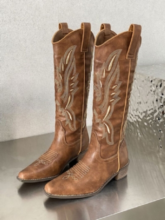 Bottes Mi-mollet Pour Femmes Cowboy Brodées À Bout Carré