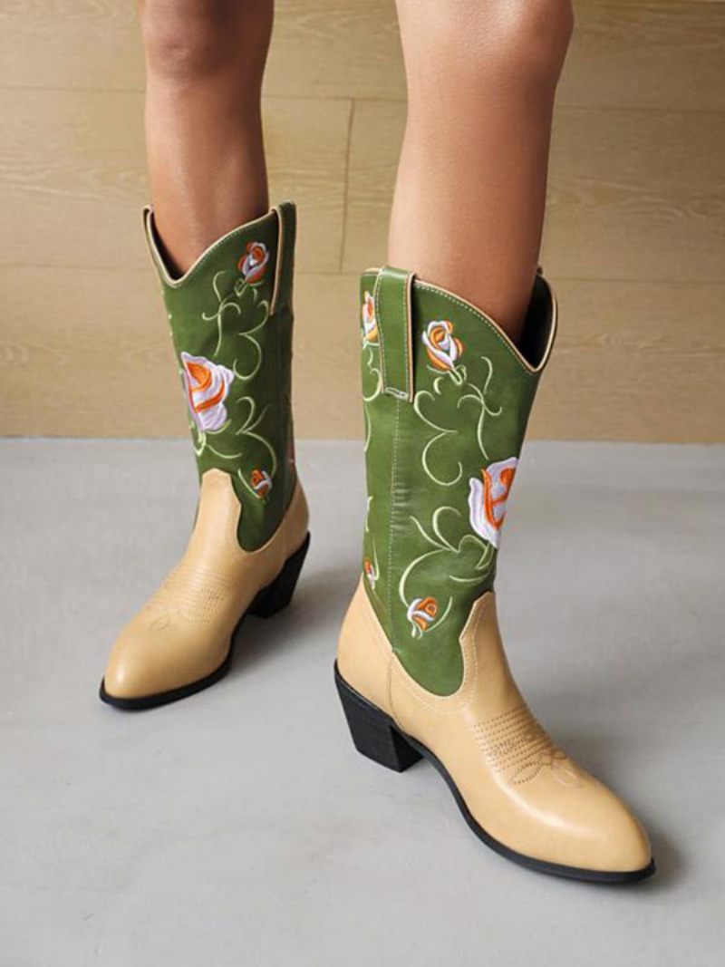 Bottes Mi-mollet Pour Femmes Cowboy Cuir Pu À Bout Pointu Talons Chiot