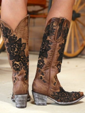 Bottes Mi-mollet Pour Femmes Cowboy Cuir Pu À Bout Pointu Talons Chiot