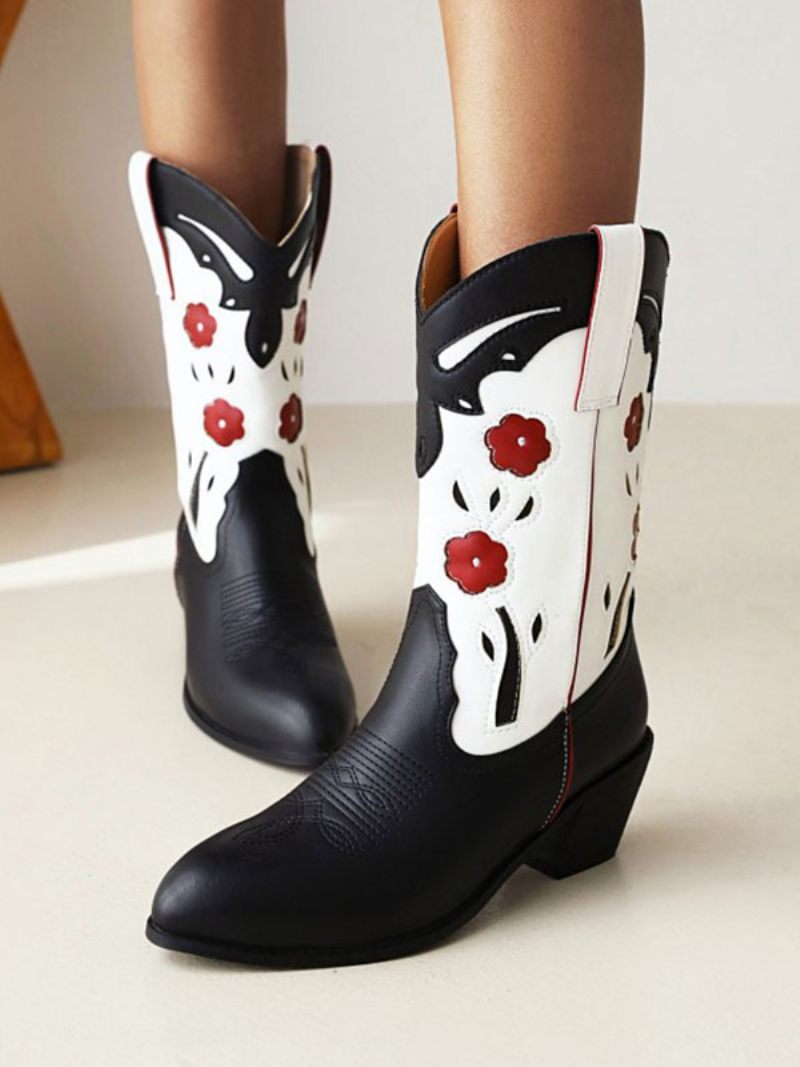 Bottes Mi-mollet Pour Femmes Cowboy Cuir Pu À Bout Pointu Talons Chiot Chaussures Mariage Cowgirl