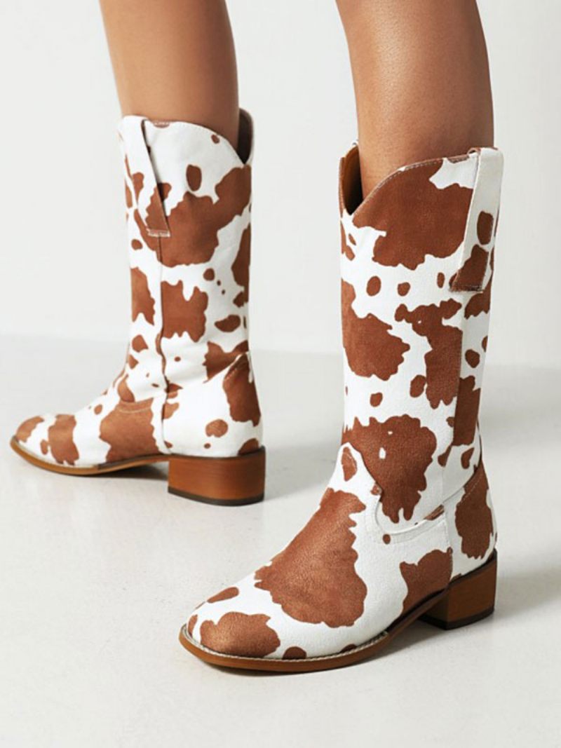 Bottes Mi-mollet Pour Femmes Cowboy Cuir Pu À Bout Rond - Chocolat