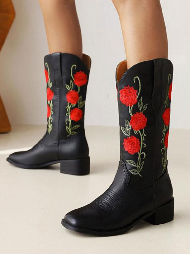 Bottes Mi-mollet Pour Femmes Cowboy Cuir Pu À Bout Rond Talons Chiot