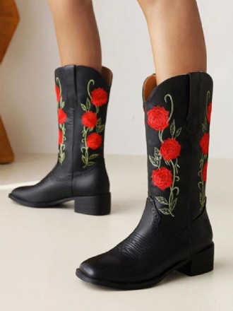 Bottes Mi-mollet Pour Femmes Cowboy Cuir Pu À Bout Rond Talons Chiot