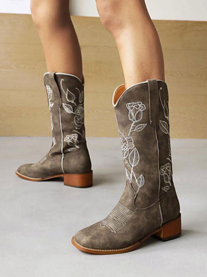 Bottes Mi-mollet Pour Femmes Cowboy Cuir Pu À Bout Rond Talons Chiot