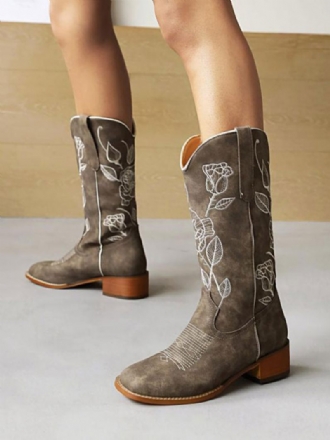 Bottes Mi-mollet Pour Femmes Cowboy Cuir Pu À Bout Rond Talons Chiot