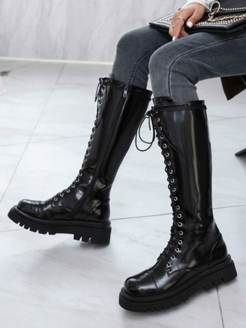 Bottes Mi-mollet Pour Femmes Cuir Noir Bout Rond Sangle Réglable Sur Le Devant