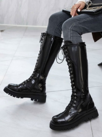 Bottes Mi-mollet Pour Femmes Cuir Noir Bout Rond Sangle Réglable Sur Le Devant