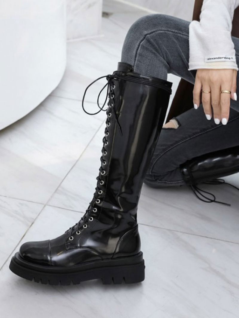 Bottes Mi-mollet Pour Femmes Cuir Noir Bout Rond Sangle Réglable Sur Le Devant - Noir