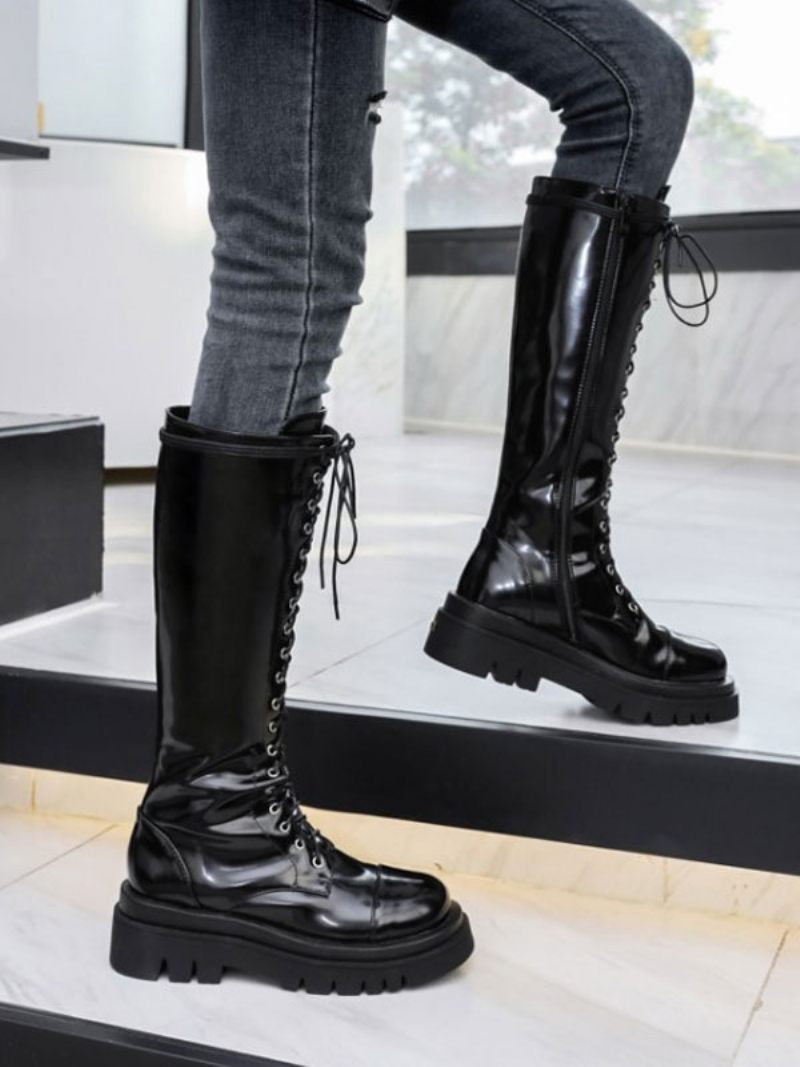 Bottes Mi-mollet Pour Femmes Cuir Noir Bout Rond Sangle Réglable Sur Le Devant - Noir