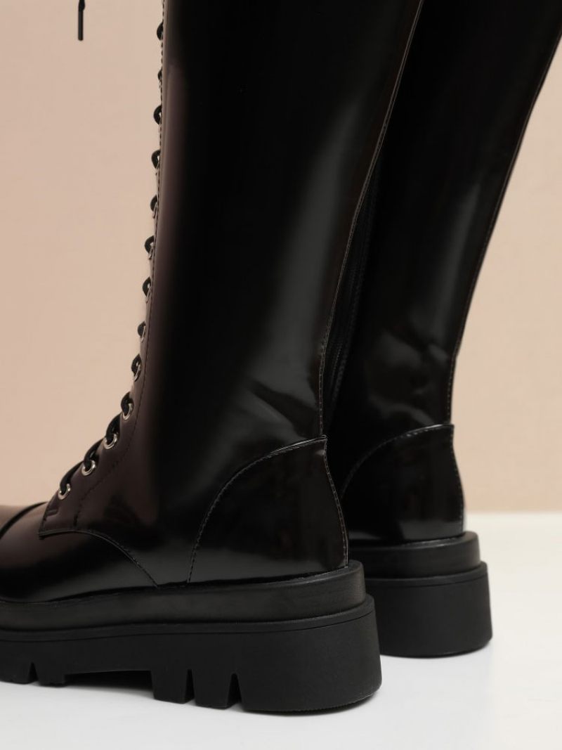 Bottes Mi-mollet Pour Femmes Cuir Noir Bout Rond Sangle Réglable Sur Le Devant - Noir